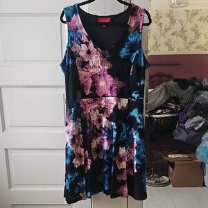 Jennifer Lopez Floral Midi Dress, Above The Knee - Black, Pink, Blue XL